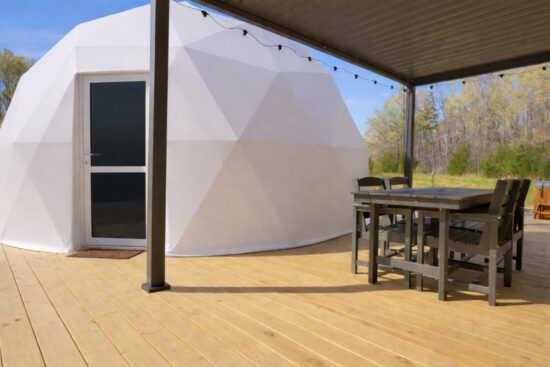 Geo Dome Cabin with covered outdoor deck at River Bend Retreat VA in Mineral, Virginia