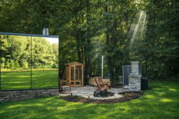 Glass Wellness Cabin with cedar sauna, wood-fired hot tub and pizza oven at River Bend Retreat in Mineral, VA